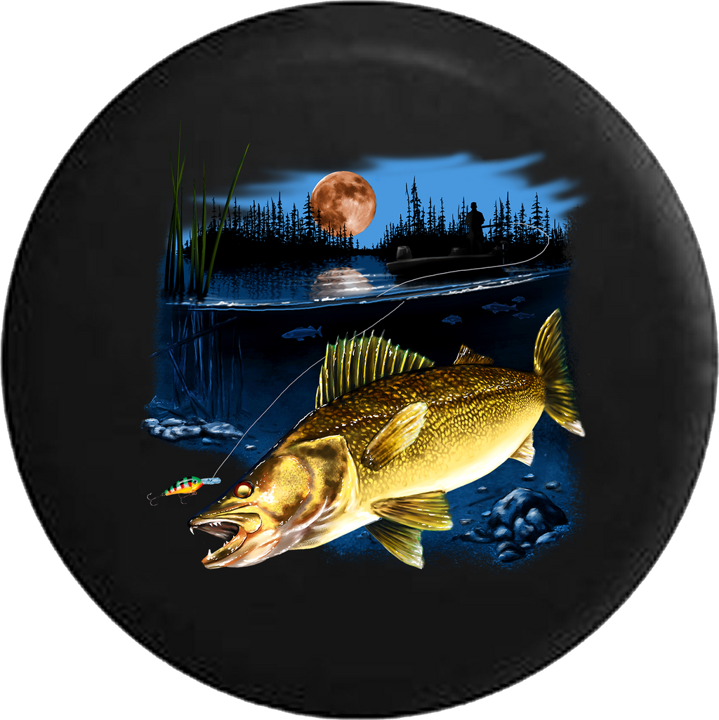 Walleye Fish in the Lake Fishing Lure Night Full Moon RV Camper Spare Tire Cover-35 inch