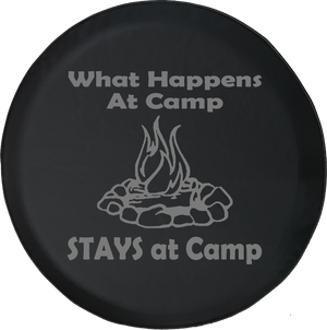 Jeep Wrangler Tire Cover With What Happens at Camp Print (Wrangler JK, TJ, YJ) Grey Ink