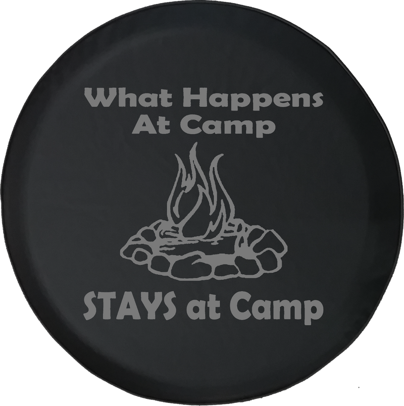 Jeep Wrangler Tire Cover With What Happens at Camp Print (Wrangler JK, TJ, YJ) Grey Ink