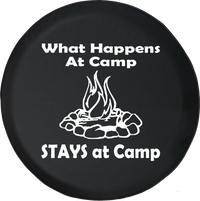 Jeep Wrangler Tire Cover With What Happens at Camp Print (Wrangler JK, TJ, YJ) White Ink
