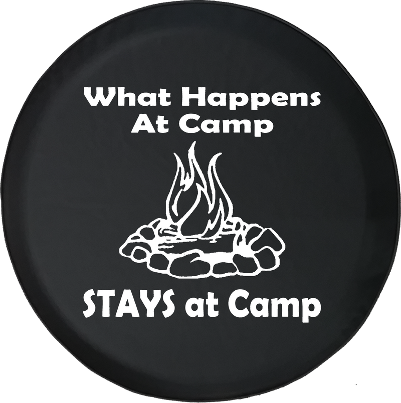Jeep Wrangler Tire Cover With What Happens at Camp Print (Wrangler JK, TJ, YJ) White Ink