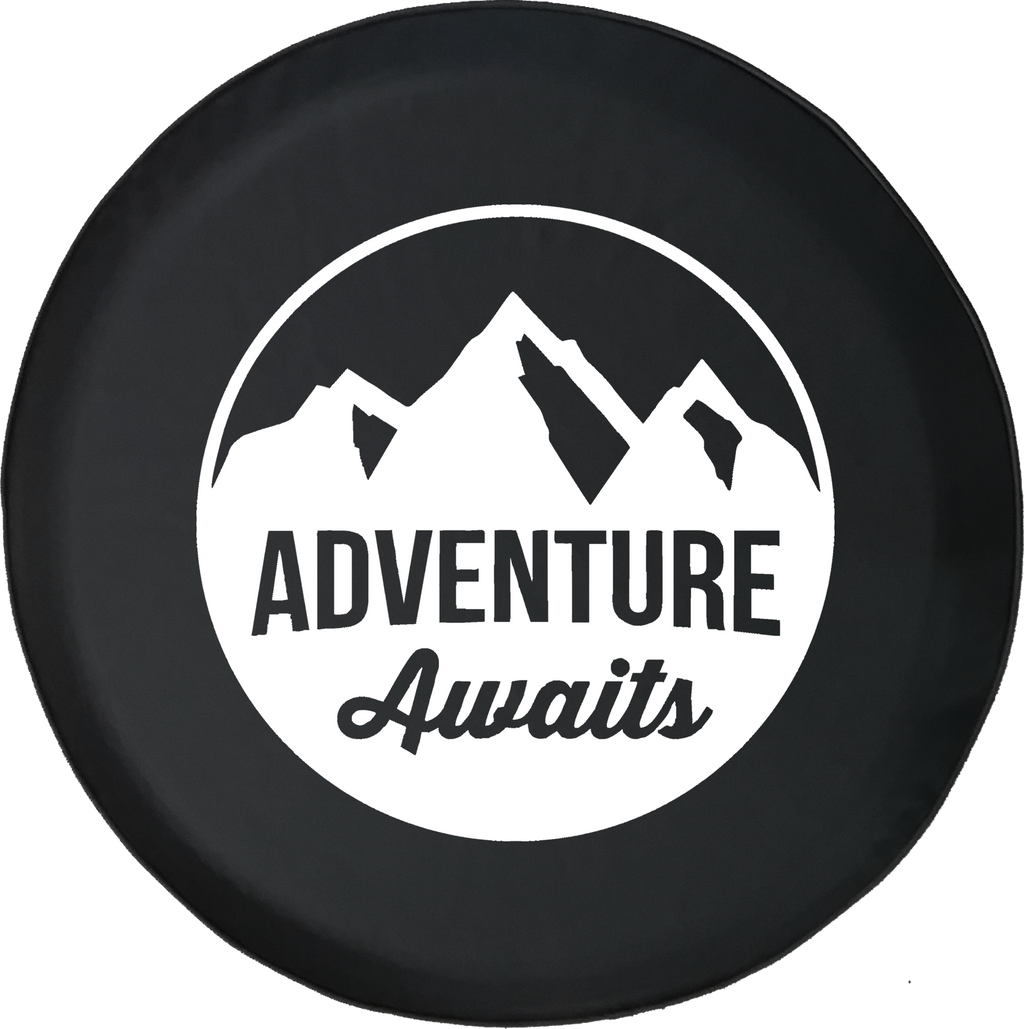 Adventure Awaits Mountain Scene Stamp Style Offroad Jeep RV Camper Spare Tire Cover J303 - TireCoverPro 