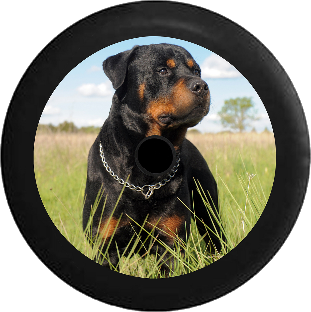 Jeep Wrangler JL Backup Camera Loyal Rottweiler in a Field Black 'n Tan Jeep Camper Spare Tire Cover 35 inch R101