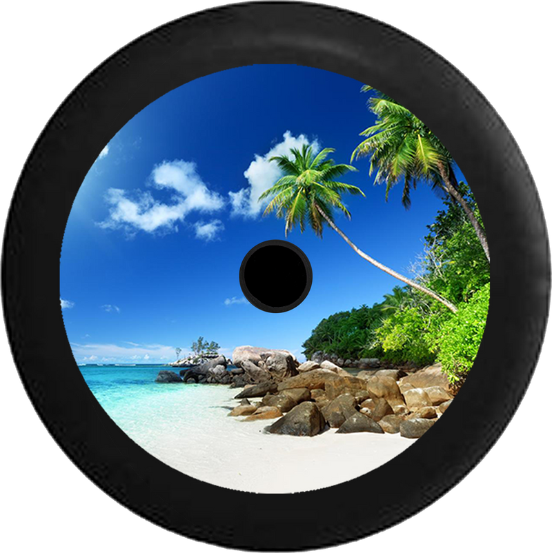 Jeep Wrangler JL Backup Camera Palm Trees White Sand Tropical Beach Vacation Jeep Camper Spare Tire Cover 35 inch R107
