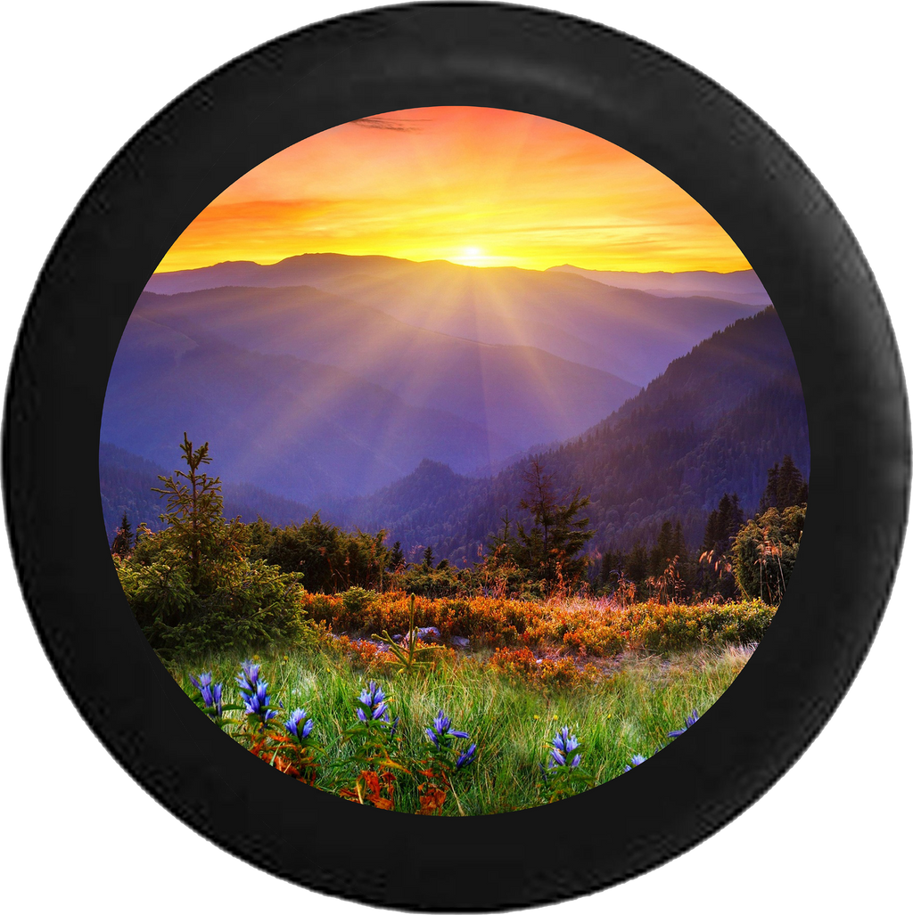 Sunrise Sunset behind Mountain Range field of Flowers Jeep Camper Spare Tire Cover BLACK-CUSTOM SIZE/COLOR/INK- R113 - TireCoverPro 