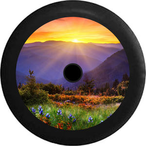 Jeep Wrangler JL Backup Camera Sunrise Sunset behind Mountain Range field of Flowers Jeep Camper Spare Tire Cover 35 inch R113