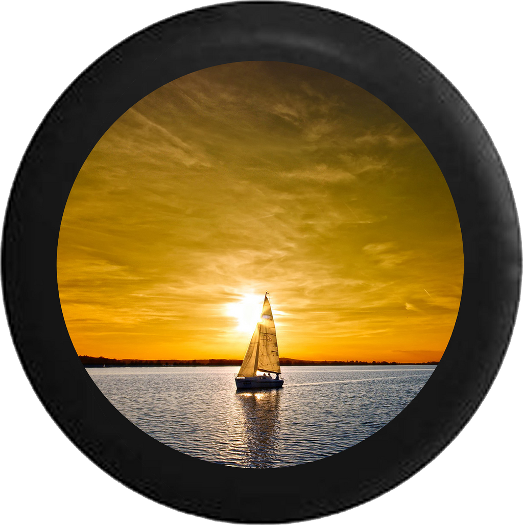 Sailboat Sailing lake with orange sky during sunset Jeep Camper Spare Tire Cover BLACK-CUSTOM SIZE/COLOR/INK- R119 - TireCoverPro 