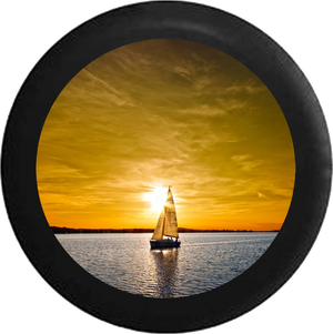 Sailboat Sailing lake with orange sky during sunset Jeep Camper Spare Tire Cover BLACK-CUSTOM SIZE/COLOR/INK- R119 - TireCoverPro 