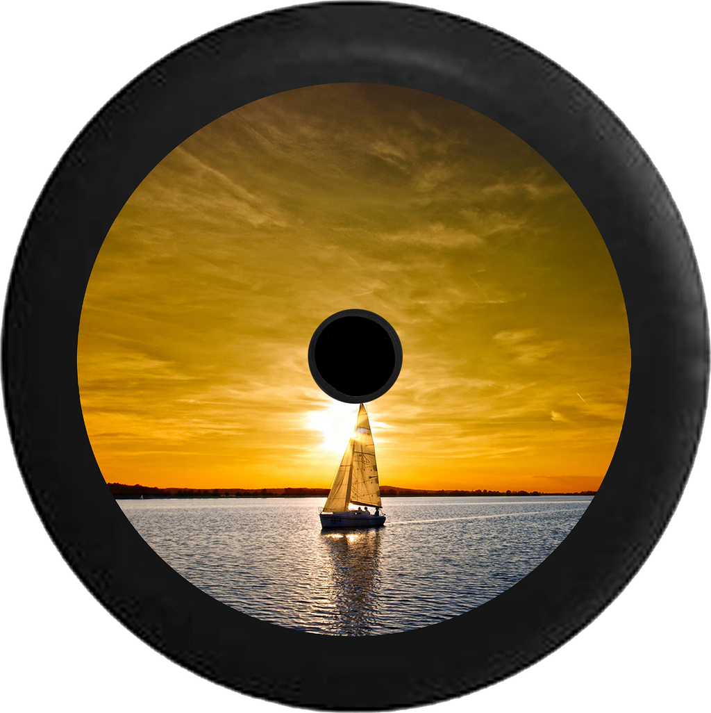 Jeep Wrangler JL Backup Camera Sailboat Sailing lake with orange sky during sunset Jeep Camper Spare Tire Cover 35 inch R119