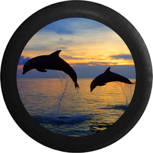 Two Dolphins Jumping Sunset Sunrise Behind Sky  RV Camper Spare Tire Cover-BLACK-CUSTOM SIZE/COLOR/INK - TireCoverPro 