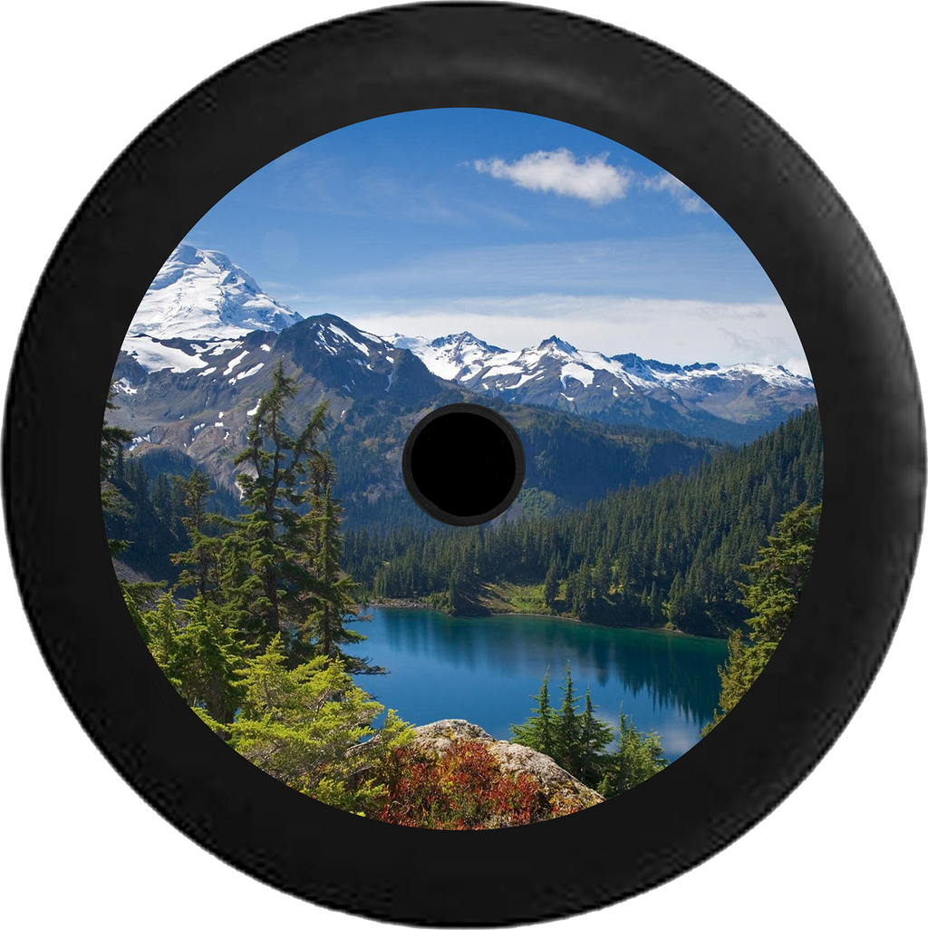 Jeep Wrangler JL Backup Camera Mountain Range Pine Forest Calm Lake Snow Capped Jeep Camper Spare Tire Cover 35 inch R134