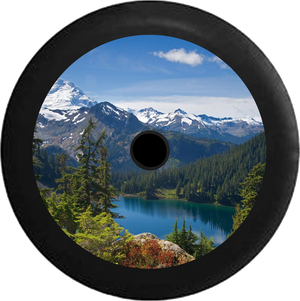 Jeep Wrangler JL Backup Camera Mountain Range Pine Forest Calm Lake Snow Capped Jeep Camper Spare Tire Cover 35 inch R134