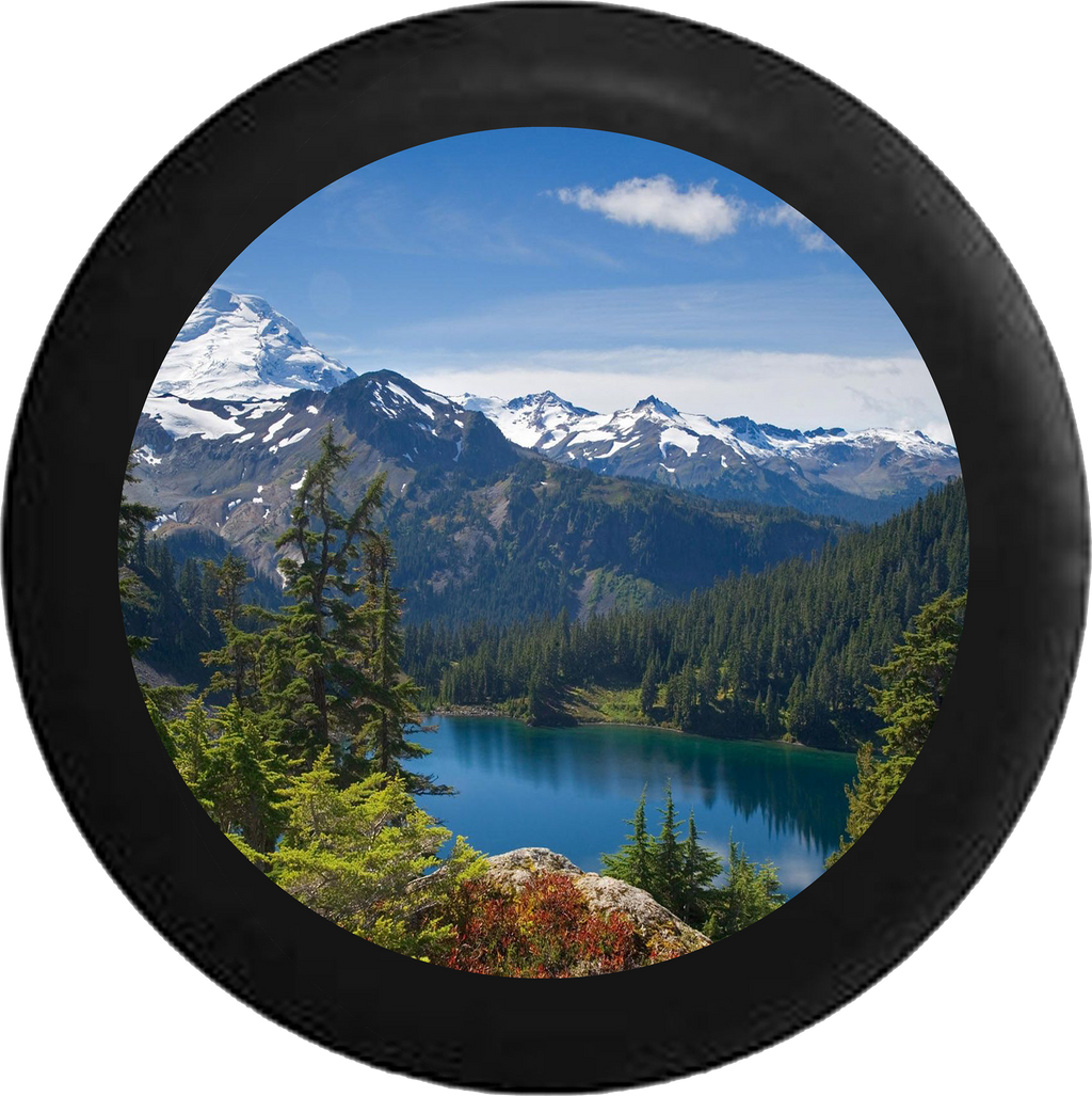 Mountain Range Pine Forest Calm Lake Snow Capped Jeep Camper Spare Tire Cover BLACK-CUSTOM SIZE/COLOR/INK- R134 - TireCoverPro 