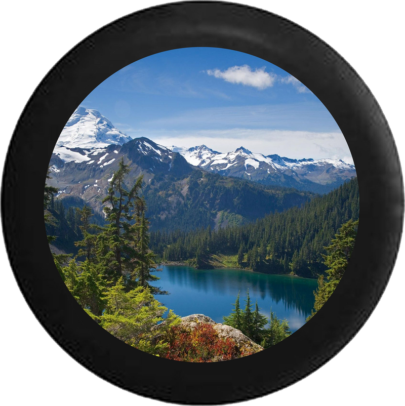 Mountain Range Pine Forest Calm Lake Snow Capped Jeep Camper Spare Tire Cover BLACK-CUSTOM SIZE/COLOR/INK- R134 - TireCoverPro 