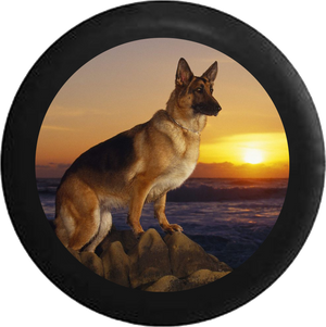 German Sheppard Dog pearched on Rocks Sunset Jeep Camper Spare Tire Cover BLACK-CUSTOM SIZE/COLOR/INK- R141 - TireCoverPro 