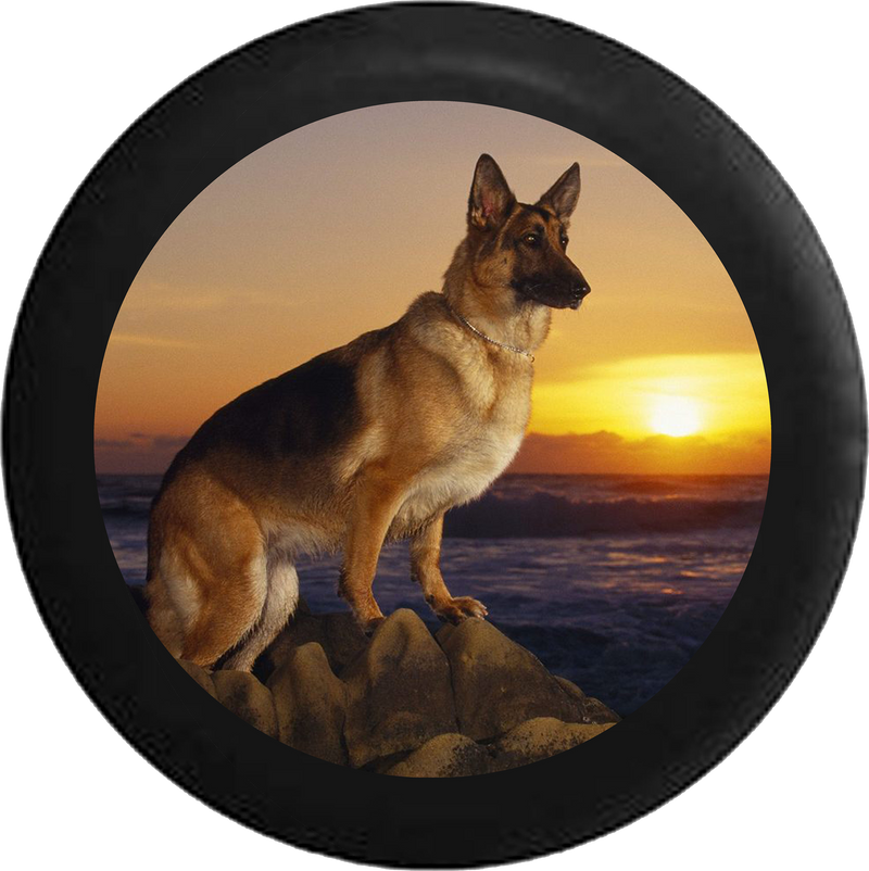 German Sheppard Dog pearched on Rocks Sunset Jeep Camper Spare Tire Cover BLACK-CUSTOM SIZE/COLOR/INK- R141 - TireCoverPro 