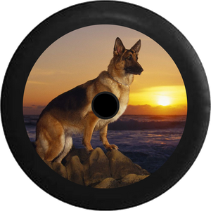 Jeep Wrangler JL Backup Camera German Sheppard Dog pearched on Rocks Sunset Jeep Camper Spare Tire Cover 35 inch R141