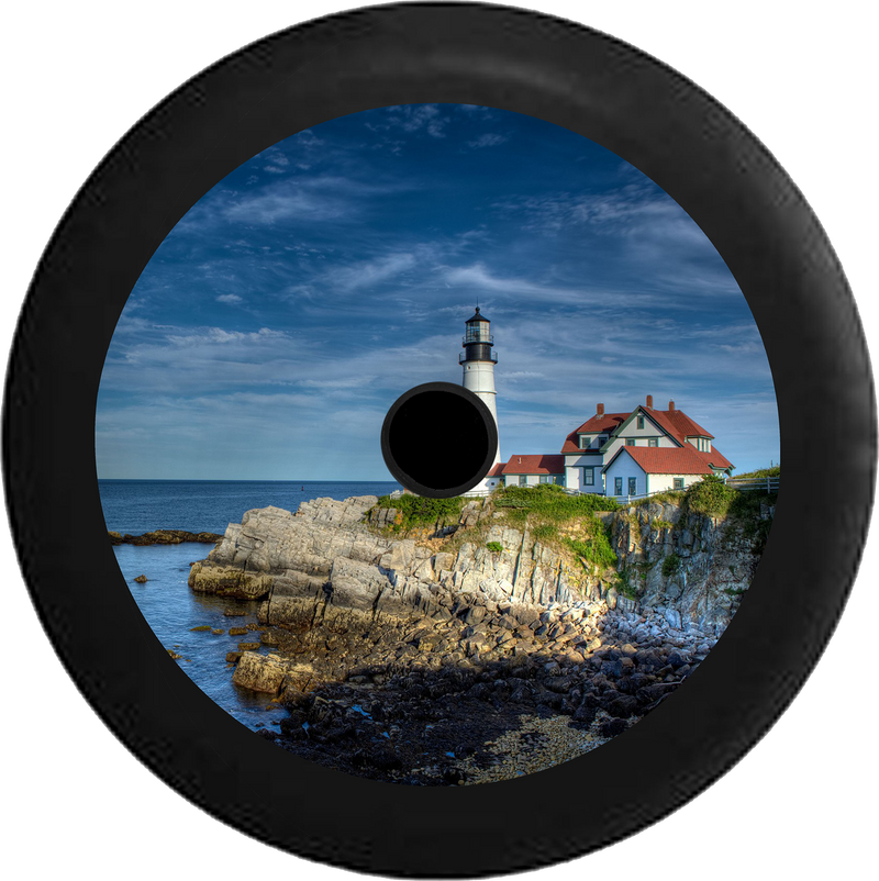 Jeep Wrangler JL Backup Camera Maine Lighthouse on Cliffside overlooking Ocean Jeep Camper Spare Tire Cover 35 inch R162