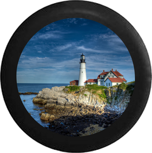 Maine Lighthouse on Cliffside overlooking Ocean Jeep Camper Spare Tire Cover BLACK-CUSTOM SIZE/COLOR/INK- R162 - TireCoverPro 