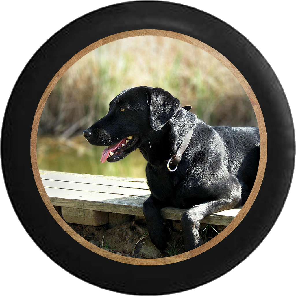 Black Lab Retriever Hunting Dog on the Dock Jeep Camper Spare Tire Cover BLACK-CUSTOM SIZE/COLOR/INK- R177 - TireCoverPro 