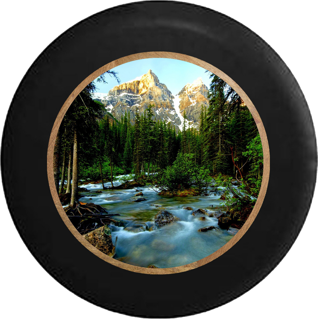 Pine Forest with Mountain Backdrop Flowing Stream Jeep Camper Spare Tire Cover BLACK-CUSTOM SIZE/COLOR/INK- R199 - TireCoverPro 