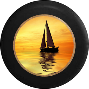 Sailboat at Sunset Ocean Salt Water Breeze RV Camper Spare Tire Cover-BLACK-CUSTOM SIZE/COLOR/INK - TireCoverPro 