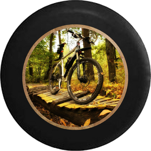 Mountain Bike on Log Wooden Bridge on the Trails Jeep Camper Spare Tire Cover BLACK-CUSTOM SIZE/COLOR/INK- R213 - TireCoverPro 