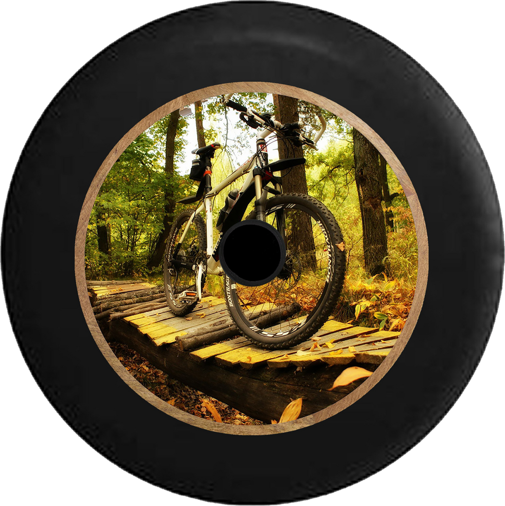Jeep Wrangler JL Backup Camera Mountain Bike on Log Wooden Bridge on the Trails Jeep Camper Spare Tire Cover 35 inch R213