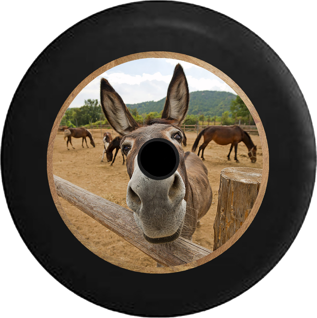 Jeep Wrangler JL Backup Camera Full Color Curious Donkey Mule Horse Looking over Split Log Fence Jeep Camper Spare Tire Cover 35 inch R231