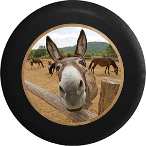 Full Color Curious Donkey Mule Horse Looking over Split Log Fence Jeep Camper Spare Tire Cover 35 inch R231