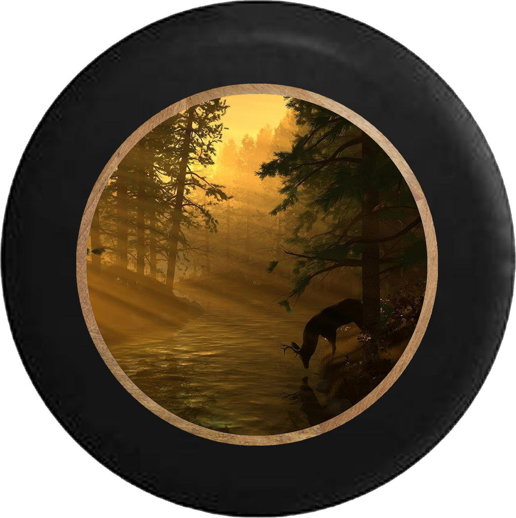 Big Buck Deer Drinking from River Tree line RV Camper Spare Tire Cover-BLACK-CUSTOM SIZE/COLOR/INK - TireCoverPro 