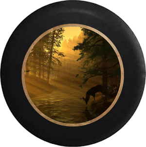 Big Buck Deer Drinking from River Tree line RV Camper Spare Tire Cover-BLACK-CUSTOM SIZE/COLOR/INK - TireCoverPro 