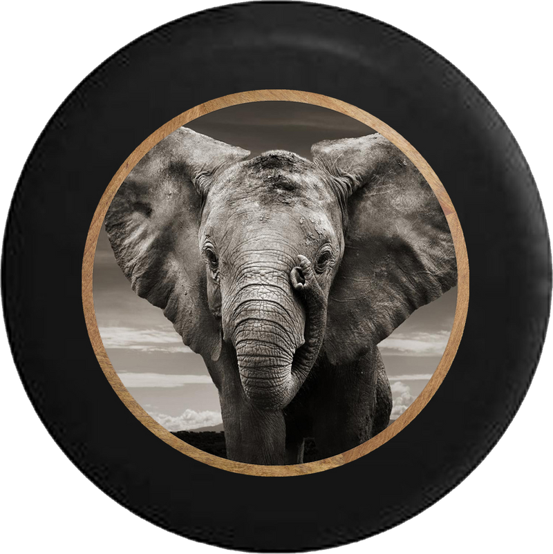 Grey Elephant Closeup - Gentle Giant Jeep Camper Spare Tire Cover BLACK-CUSTOM SIZE/COLOR/INK- R296 - TireCoverPro 