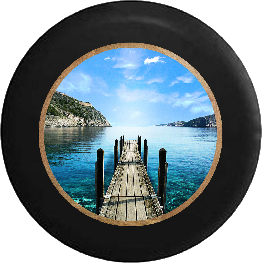 Long Wooden Dock into Lake Natural Beauty RV Camper Spare Tire Cover-BLACK-CUSTOM SIZE/COLOR/INK - TireCoverPro 