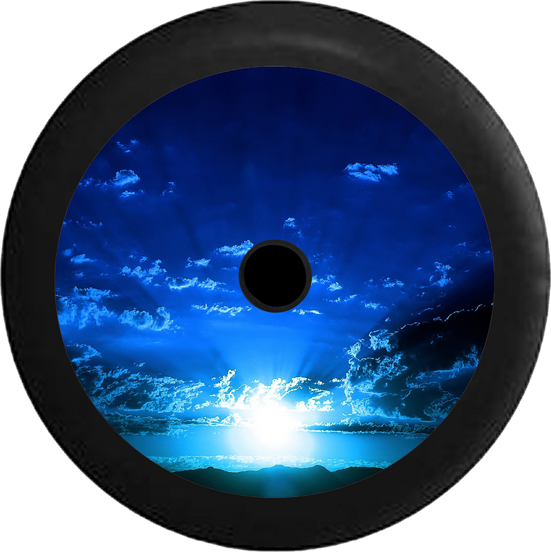 Jeep Wrangler JL Backup Camera Blue Sky and Clouds Sunrise Sunset Beaming Light Jeep Camper Spare Tire Cover 35 inch R308