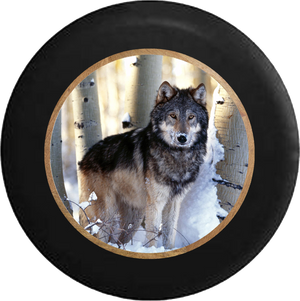 Grey Wolf in the Snowy Winter Birch Forest Jeep Camper Spare Tire Cover BLACK-CUSTOM SIZE/COLOR/INK- R322 - TireCoverPro 