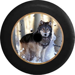 Jeep Wrangler JL Backup Camera Grey Wolf in the Snowy Winter Birch Forest Jeep Camper Spare Tire Cover 35 inch R322