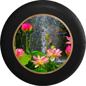 Lotus Blossom Waterfall Rain Flowers Jeep Camper Spare Tire Cover BLACK-CUSTOM SIZE/COLOR/INK- R327 - TireCoverPro 