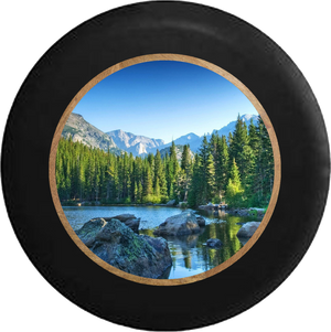 Rocky Mountain Pines Treeline Lake Jeep Camper Spare Tire Cover BLACK-CUSTOM SIZE/COLOR/INK- R349 - TireCoverPro 