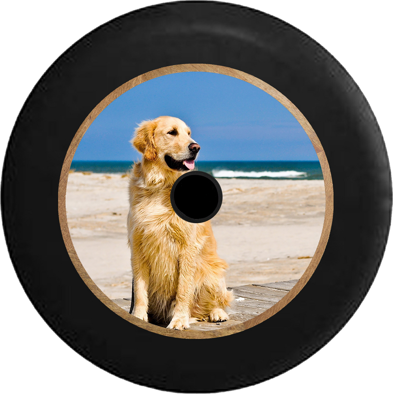 Jeep Wrangler JL Backup Camera Happy Golden Retreiver at the Beach Ocean Jeep Camper Spare Tire Cover 35 inch R380
