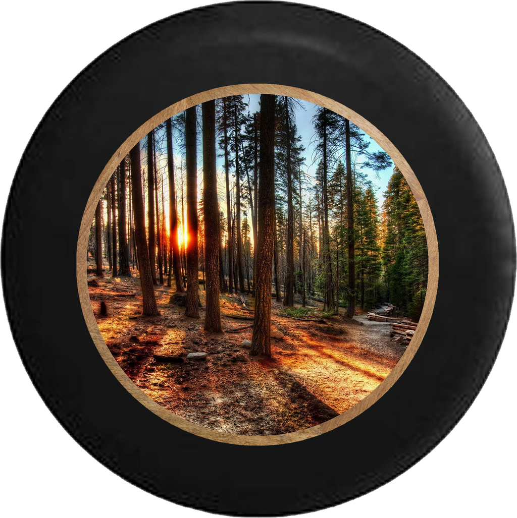 Sun Through the Tall Pines California Forest Jeep Camper Spare Tire Cover BLACK-CUSTOM SIZE/COLOR/INK- R382 - TireCoverPro 