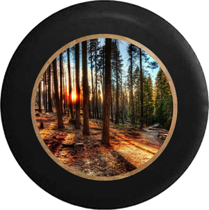 Sun Through the Tall Pines California Forest Jeep Camper Spare Tire Cover BLACK-CUSTOM SIZE/COLOR/INK- R382 - TireCoverPro 