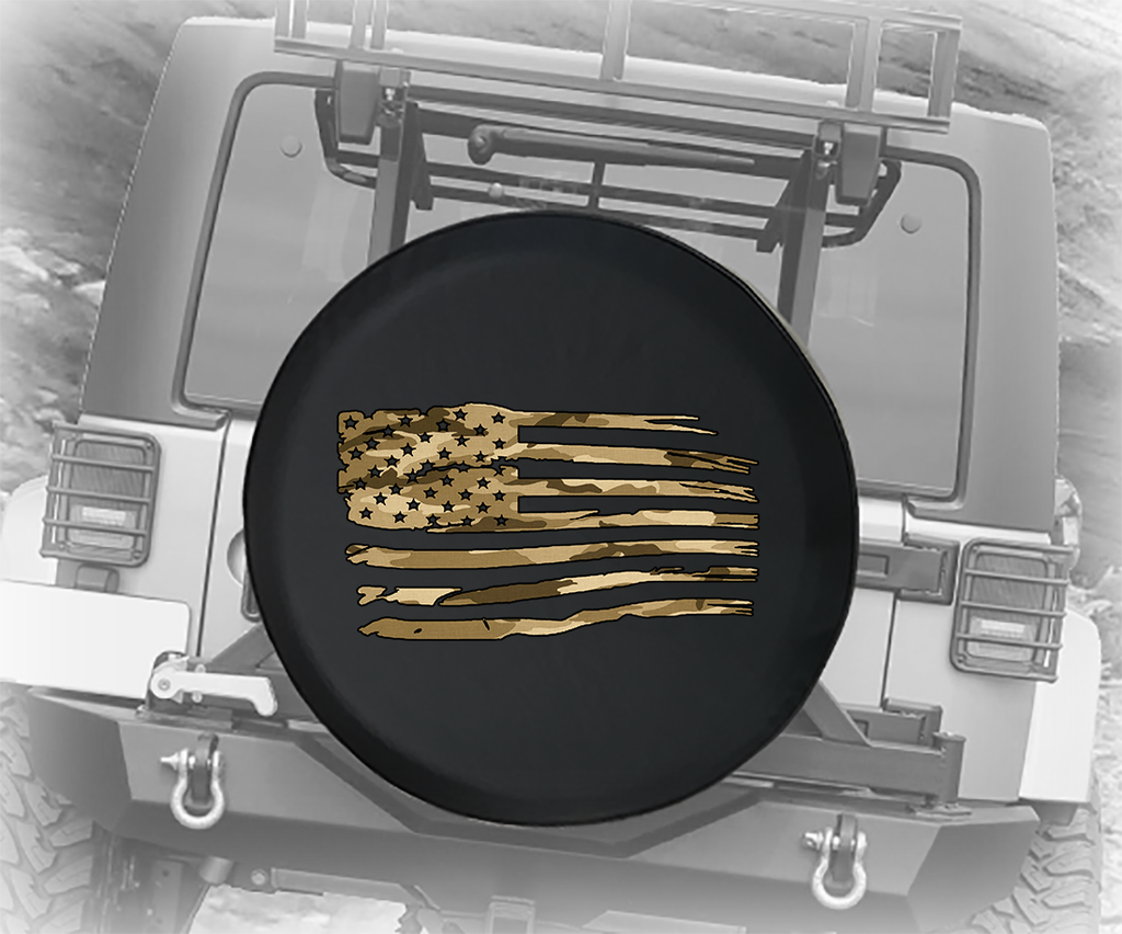 Green Camo Waving American Flag Military USA - Spare Tire Cover