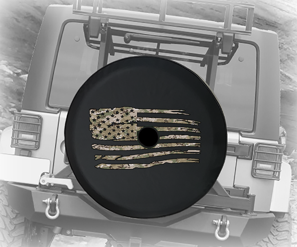 Tactical Camo Waving American Flag Military Veteran - Spare Tire Cover