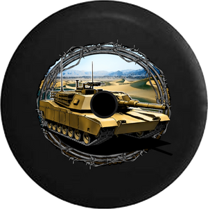 Jeep Wrangler JL Backup Camera Day Barbed Wire Around US Military Abrams Tank Desert RV Camper Spare Tire Cover-35 inch
