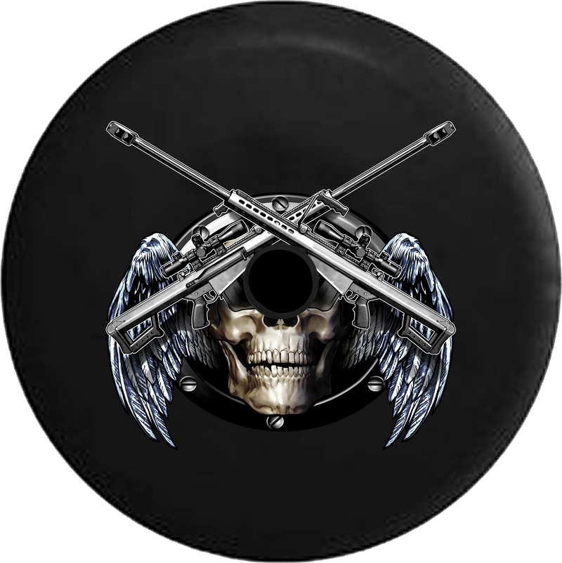 Jeep Wrangler JL Backup Camera Day Winged Skull with Crossed Sniper Rifles Military Army RV Camper Spare Tire Cover-35 inch