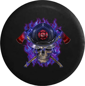 Flaming Hot Fire Fighter Helmet on Skull Crossed Axes RV Camper Spare Tire Cover-35 inch