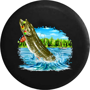 Muskie Pike Fish Leaping from the Lake Fishing RV Camper Spare Tire Cover-35 inch