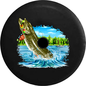 Jeep Wrangler JL Backup Camera Day Muskie Pike Fish Leaping from the Lake Fishing RV Camper Spare Tire Cover-35 inch