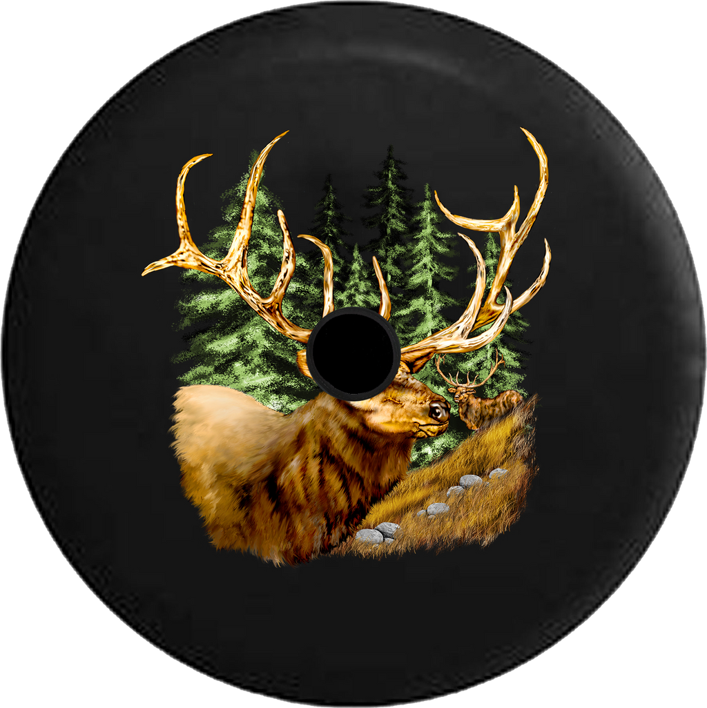 Jeep Wrangler JL Backup Camera Day Elk in the Woods with Giant Antlers RV Camper Spare Tire Cover-35 inch